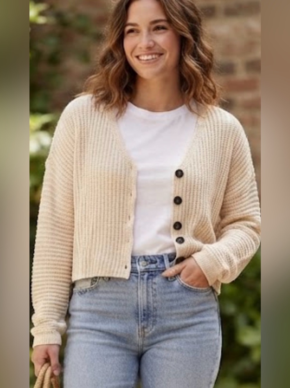 American Eagle Outfitters Cream Ribbed V-Neck Button Cardigan